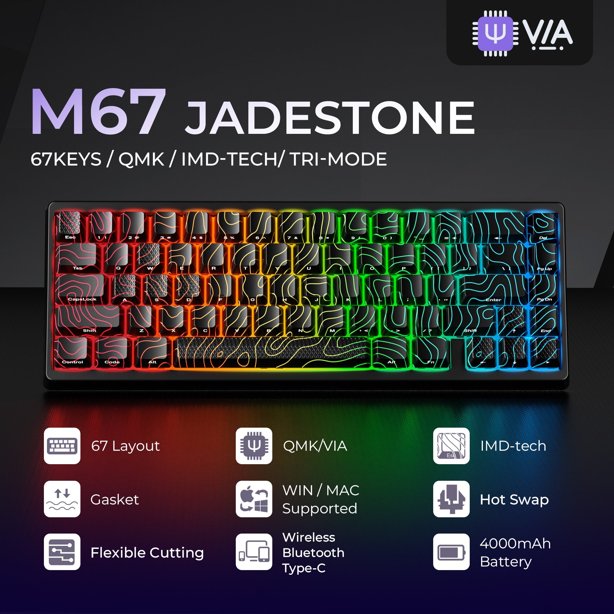 XVX M67 JadeStone Interstellar Black VIA Tri-Mode Mechanical Keyboard with IMD-Tech Keycaps